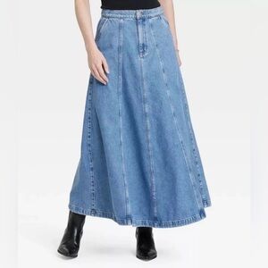 NEW Minimalist A-Line Denim Maxi Skirt 2 High Waist Vintage Style Blue